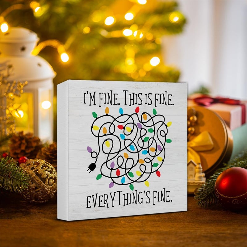 Zauly Funny Christmas Decorations, Christmas Lights Decor Sign, I'm Fine Everything Is Fine Wood Sign Rustic Home Table Desk Decor (5 x 5 Inches) - Image 5